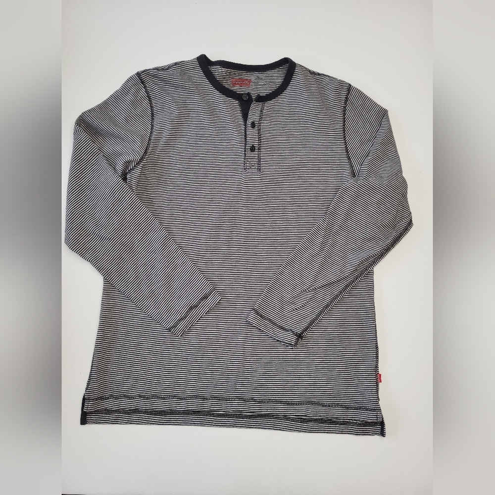 Levi's Men's Medium Black White Striped Long Sleeve Cotton Blend Henley Shirt
